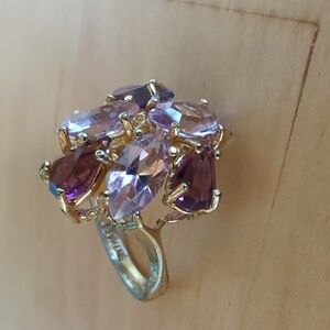 Vintage 18K Electroplated Yellow Gold Purple Glass Ring Size 6